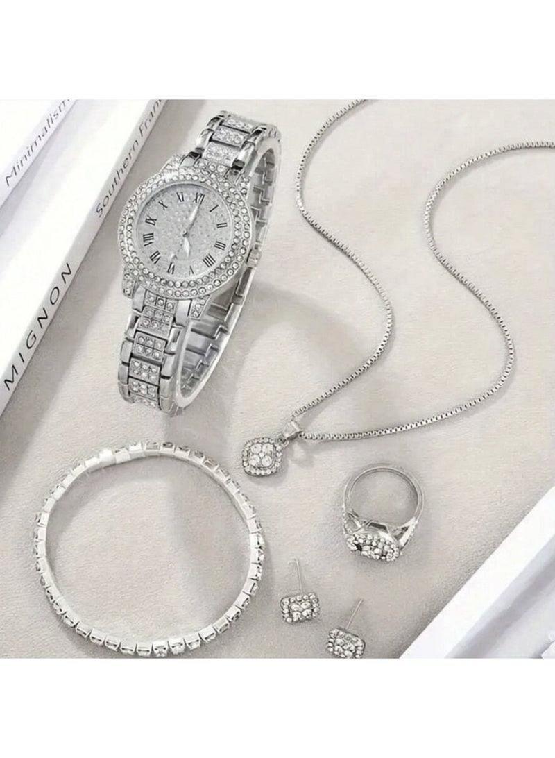 veya 6-Piece Luxury Women’s Jewelry & Watch Set (Quartz Watch, Necklace, Earrings, Ring, Bracelet & Accessories) With Rhinestone Accents - Image 1